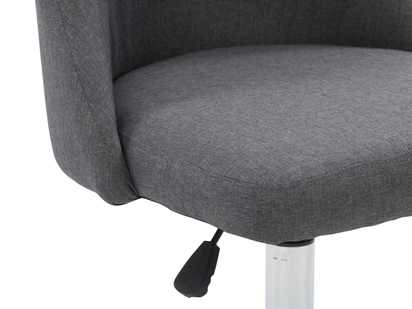 Dark grey armless task chair with ergonomic design, adjustable height, and cushioned seat for office use.