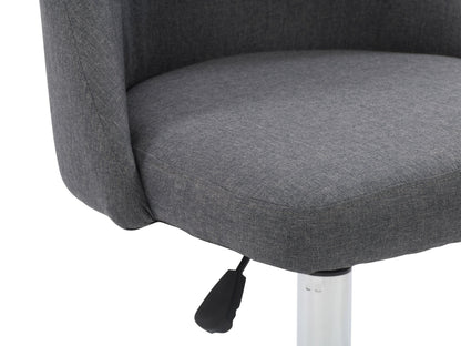 Dark grey armless task chair with ergonomic design, adjustable height, and cushioned seat for office use.