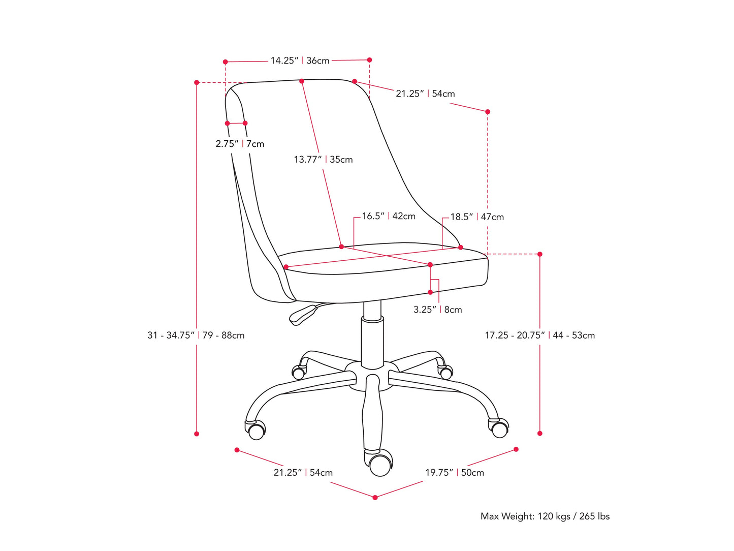 Dark grey armless office chair with adjustable height, ergonomic design, and cushioned seat on rolling casters.