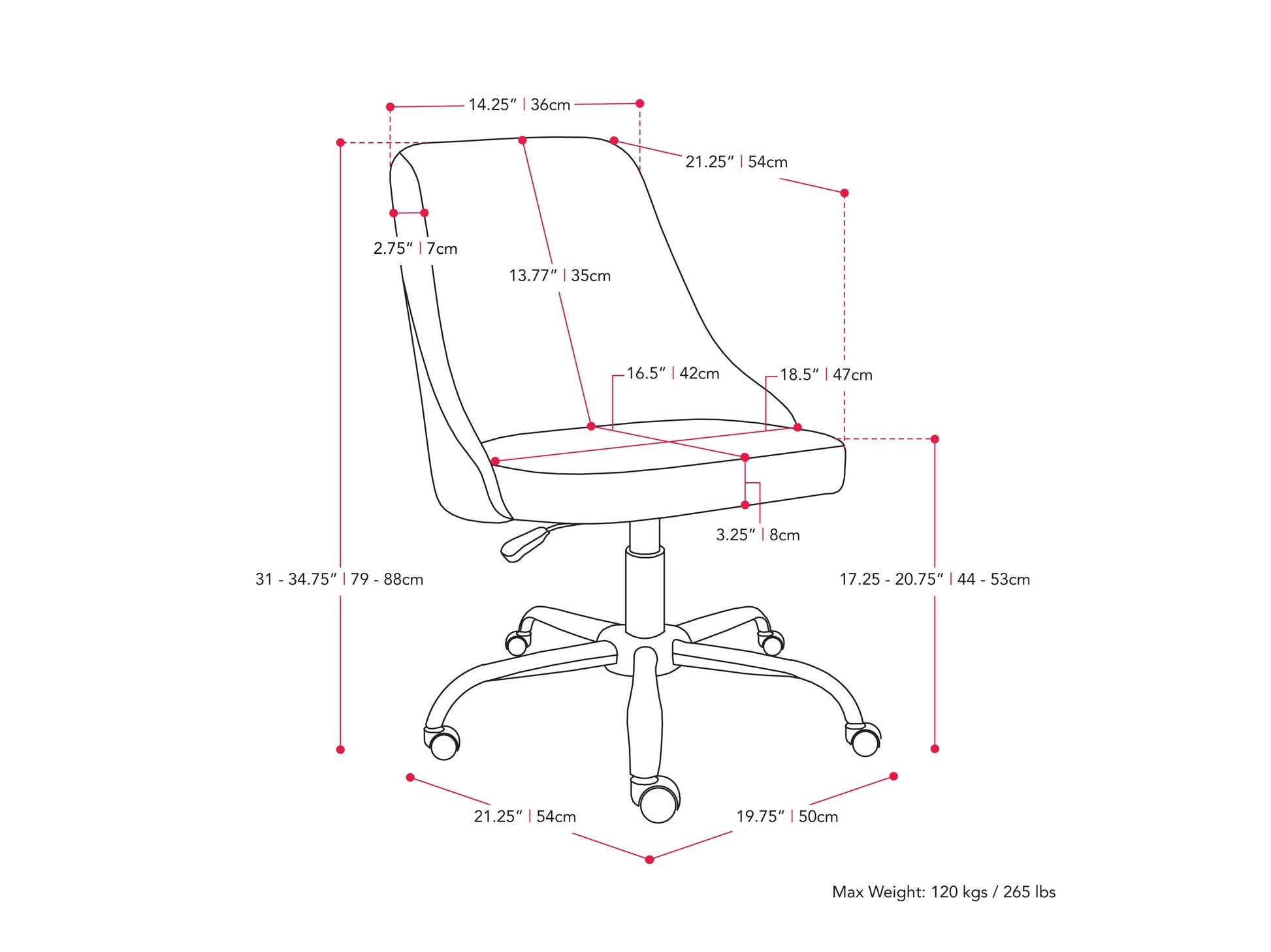 Dark grey armless office chair with adjustable height, ergonomic design, and cushioned seat on rolling casters.