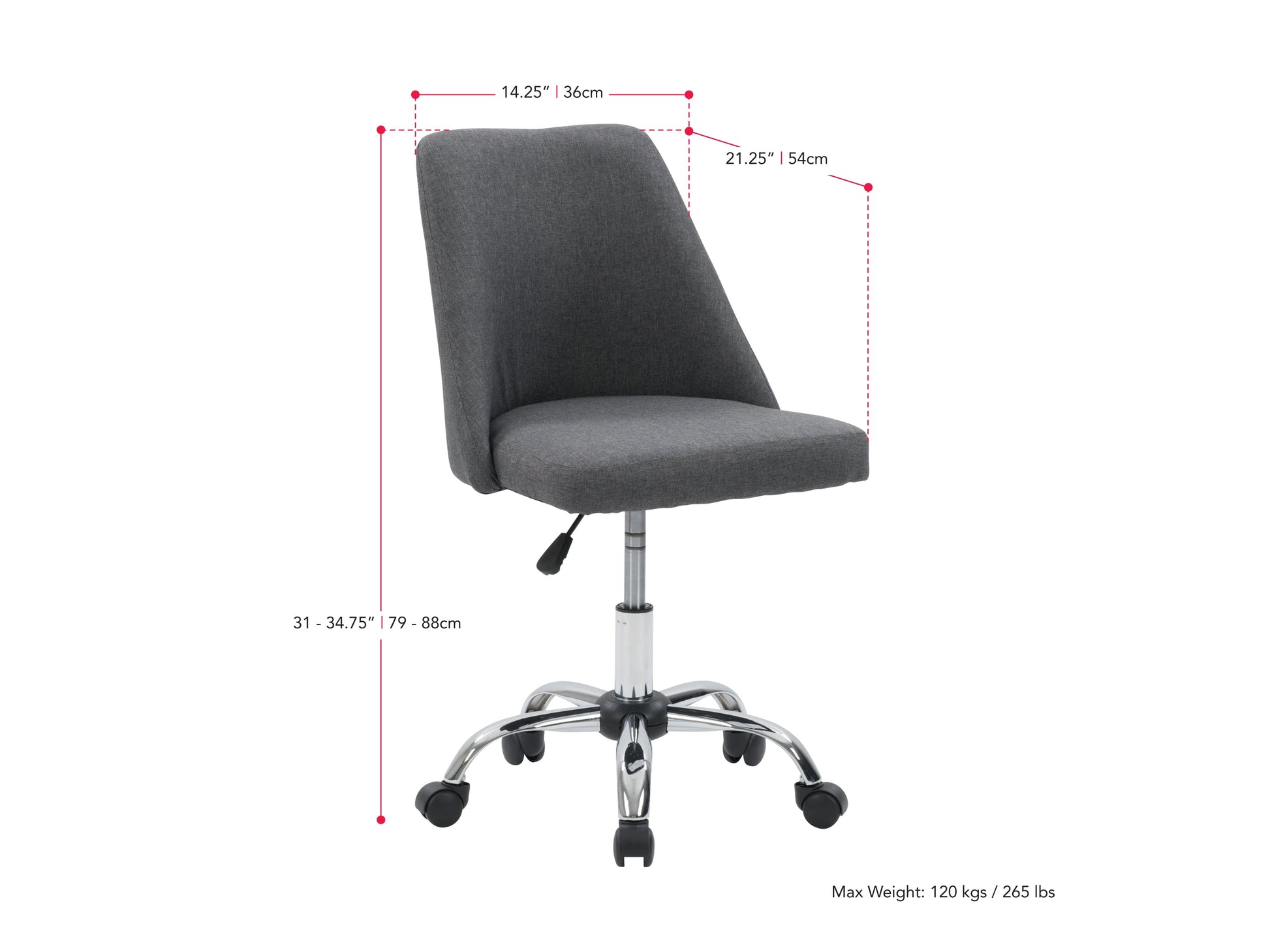 Dark grey armless task chair with ergonomic design, adjustable height, and sleek metal base.