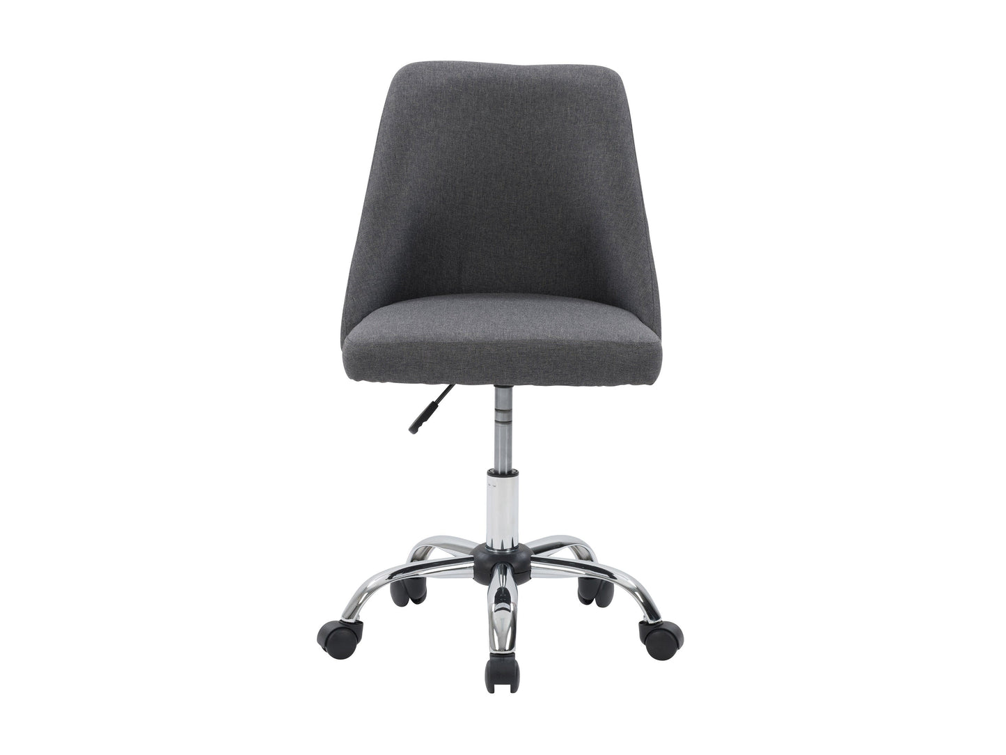Dark grey armless task chair with ergonomic design, mesh back, and adjustable height for office use.