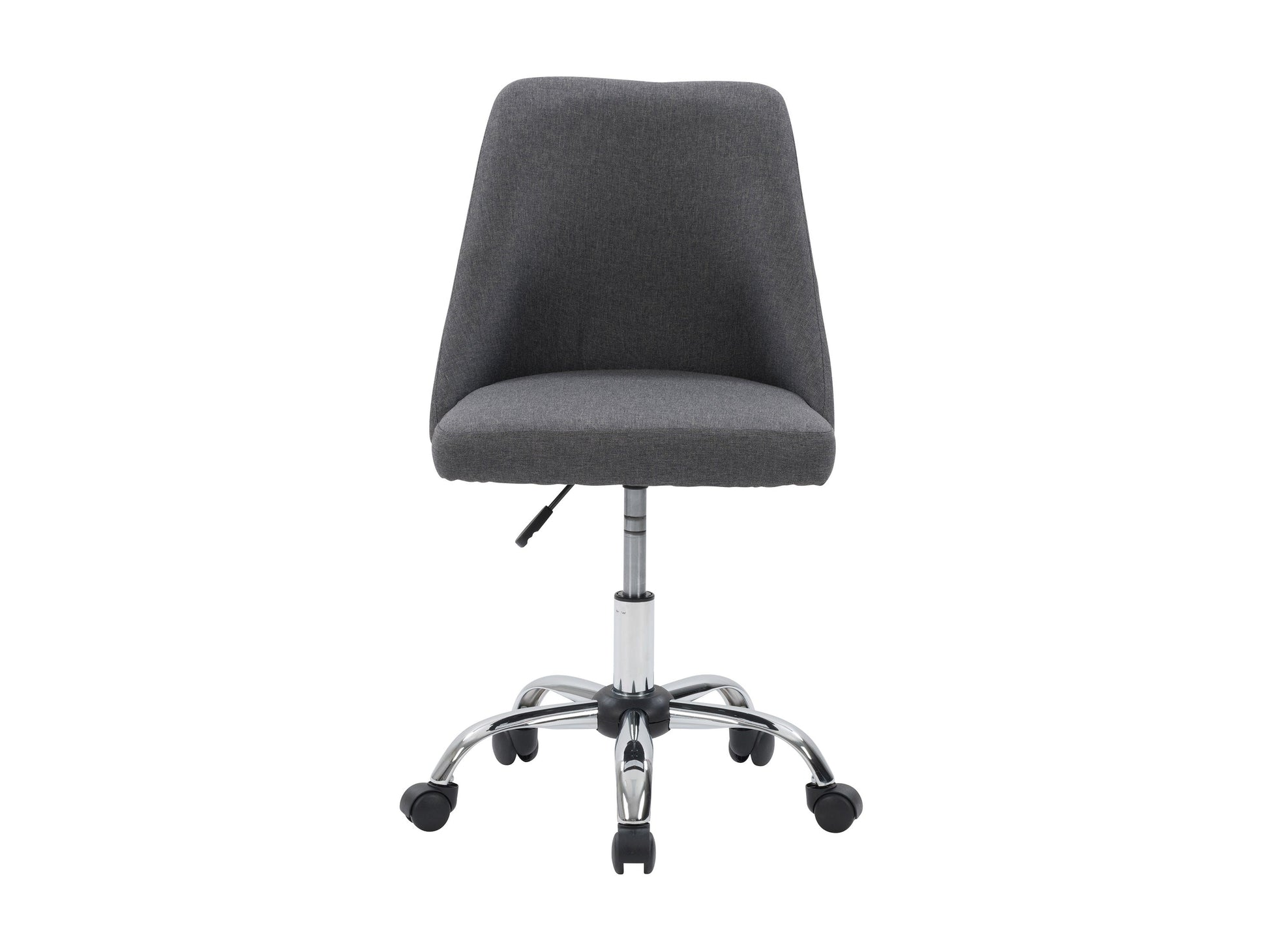 Dark grey armless task chair with ergonomic design, mesh back, and adjustable height for office use.