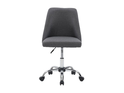 Dark grey armless task chair with ergonomic design, mesh back, and adjustable height for office use.