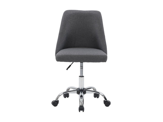 Dark grey armless task chair with ergonomic design, mesh back, and adjustable height for office use.