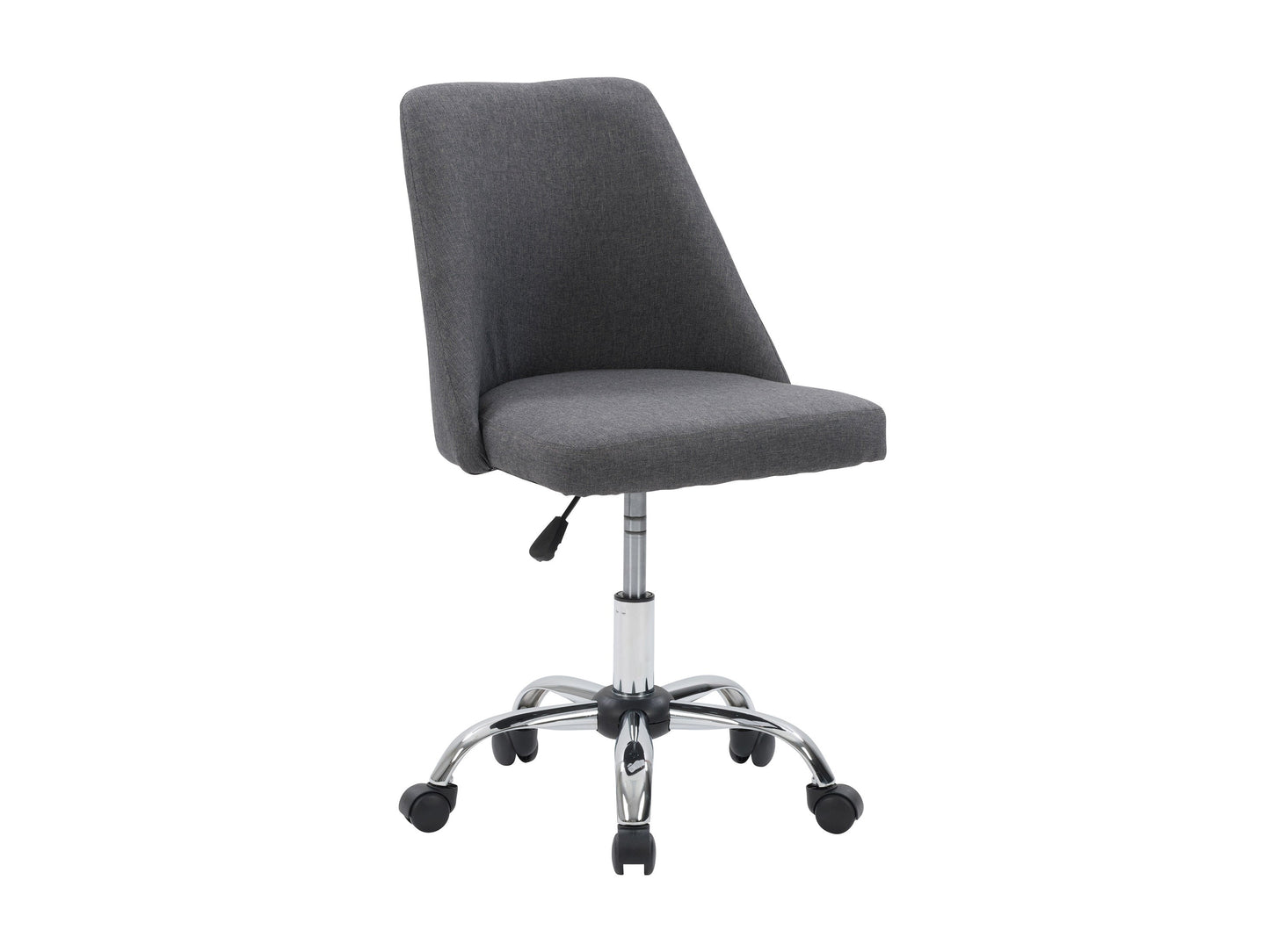Dark grey armless task chair with ergonomic design, cushioned seat, and sturdy metal base for office use.