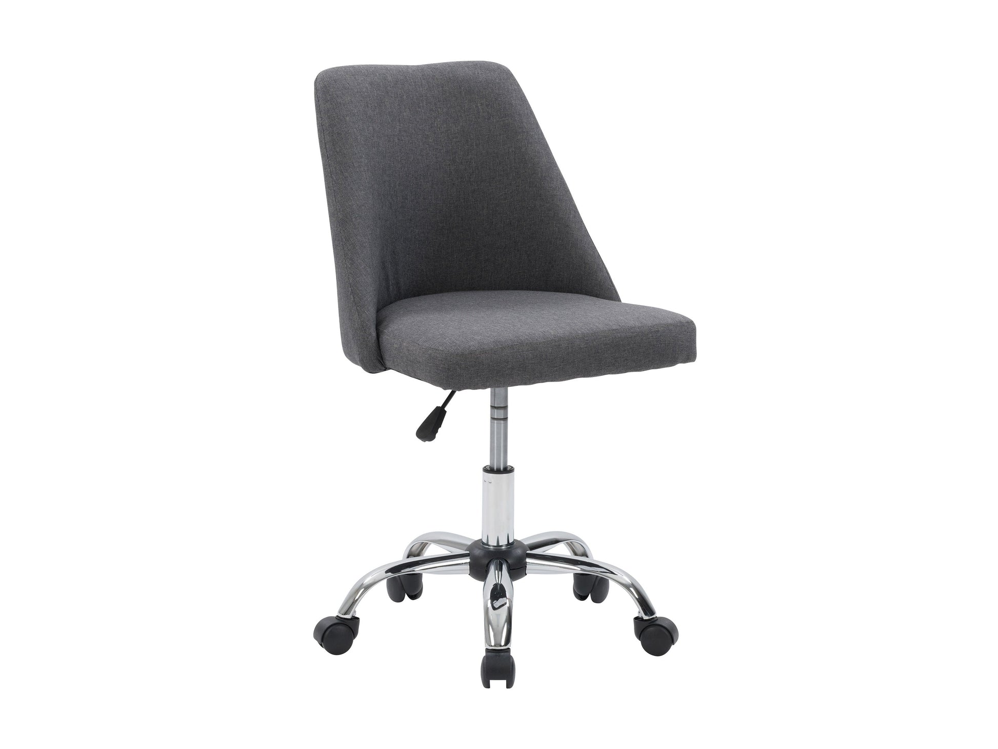 Dark grey armless task chair with ergonomic design, cushioned seat, and sturdy metal base for office use.