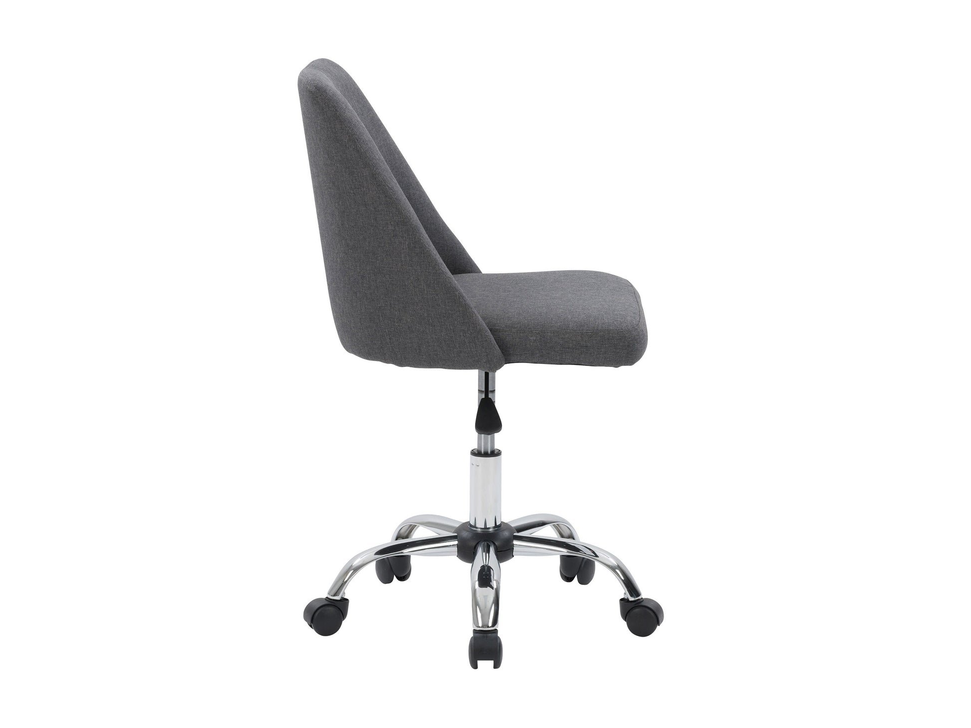 Dark grey armless task chair with ergonomic design, padded seat, and metal base for modern office spaces