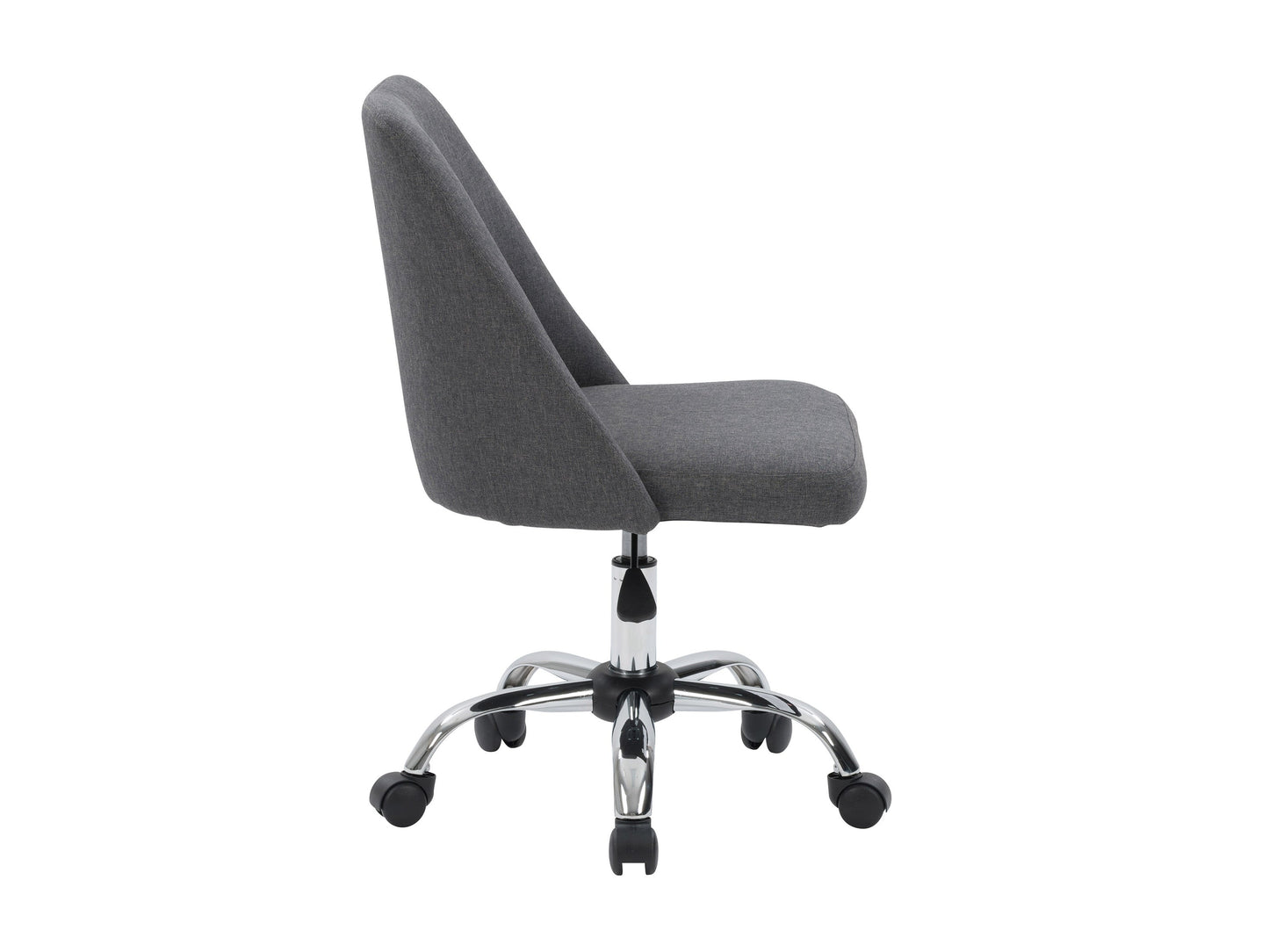 Dark grey armless task chair with ergonomic design, adjustable height, and sturdy metal base.