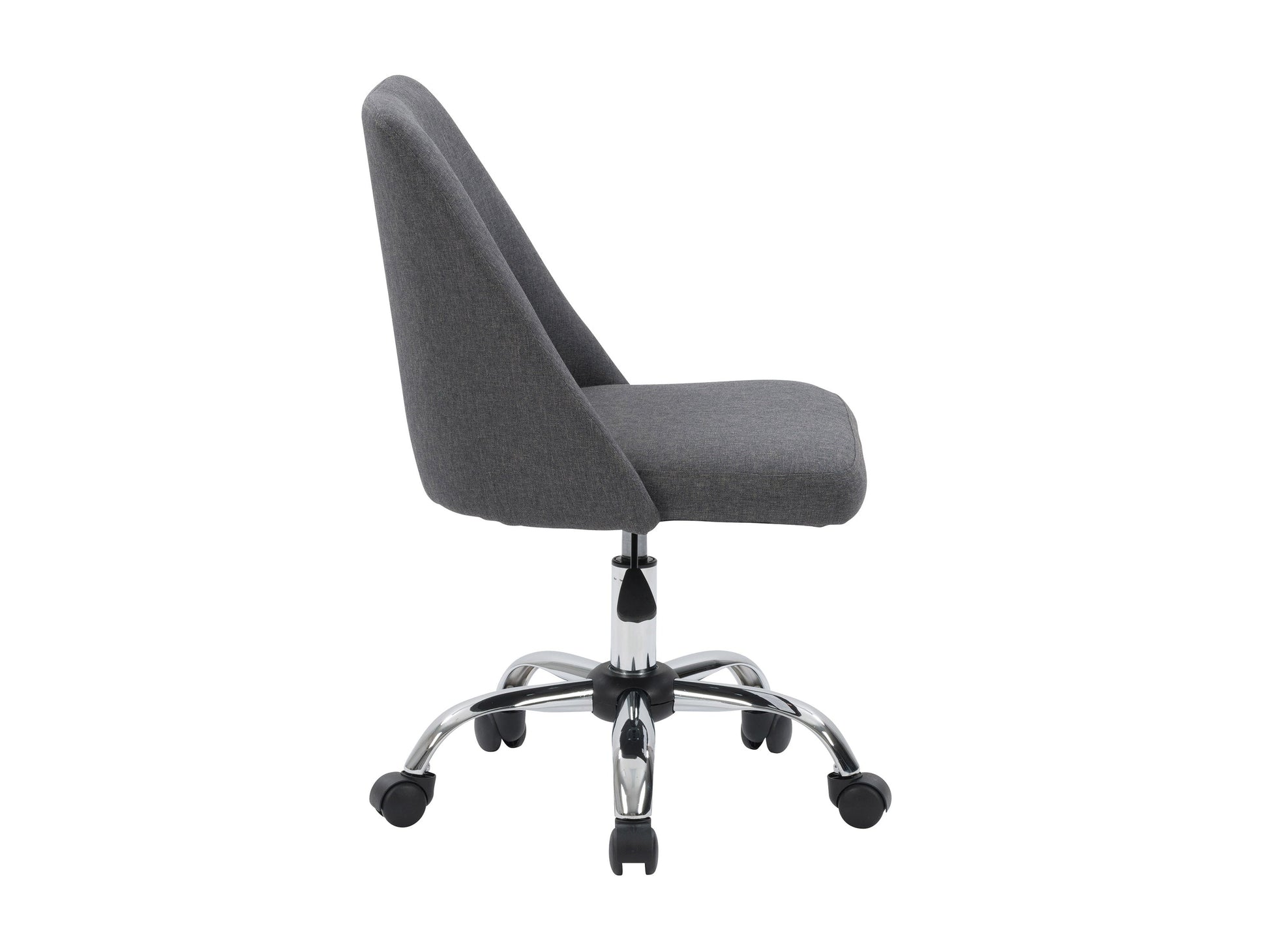 Dark grey armless task chair with ergonomic design, adjustable height, and sturdy metal base.