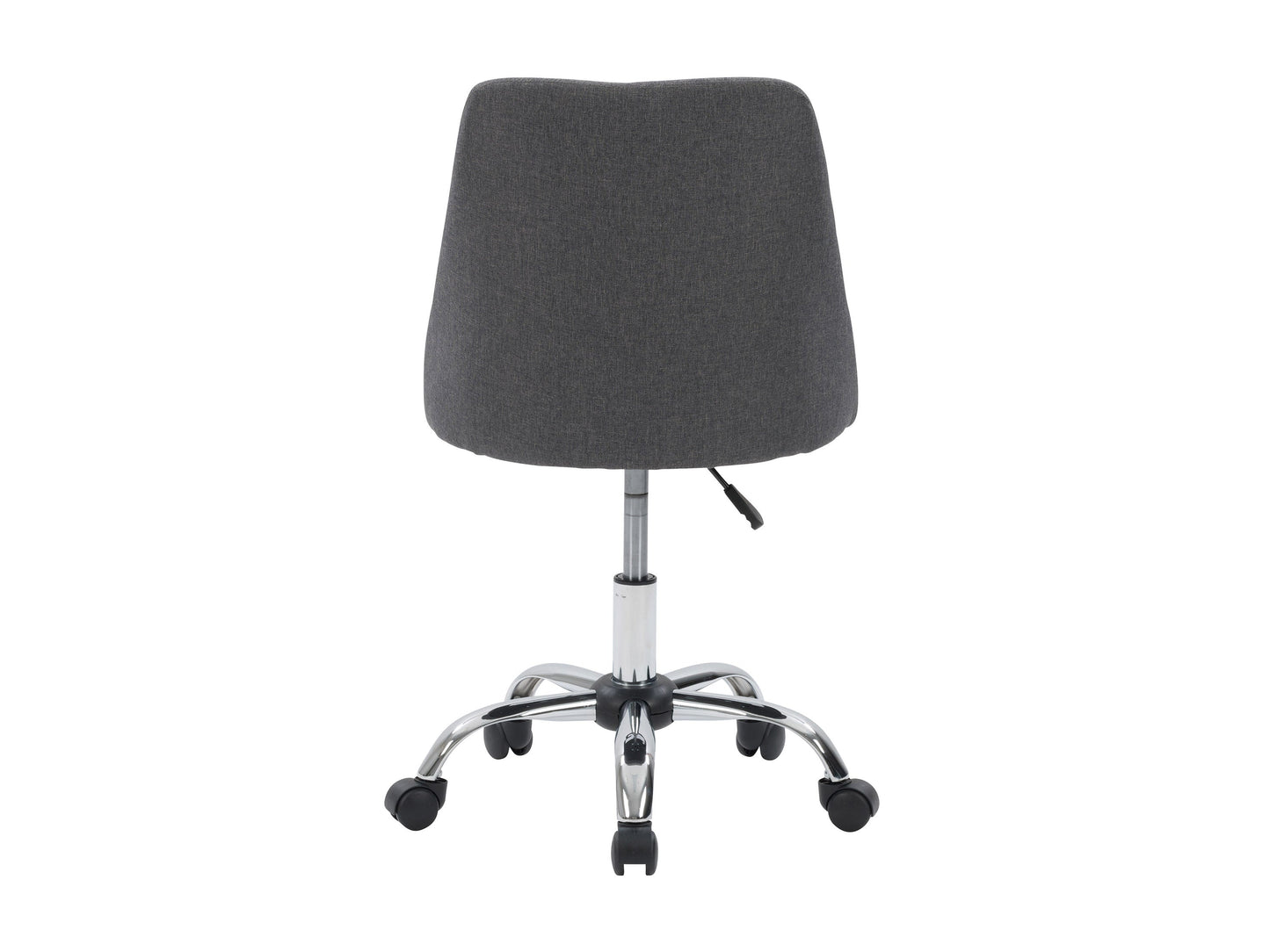 Dark grey armless task chair with ergonomic design, mesh backrest, and adjustable height for office use.