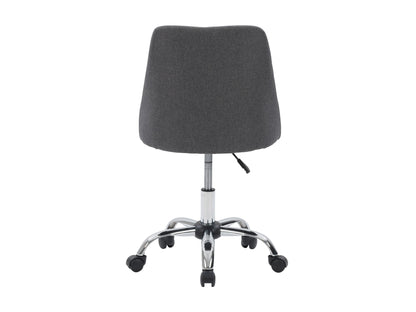 Dark grey armless task chair with ergonomic design, mesh backrest, and adjustable height for office use.