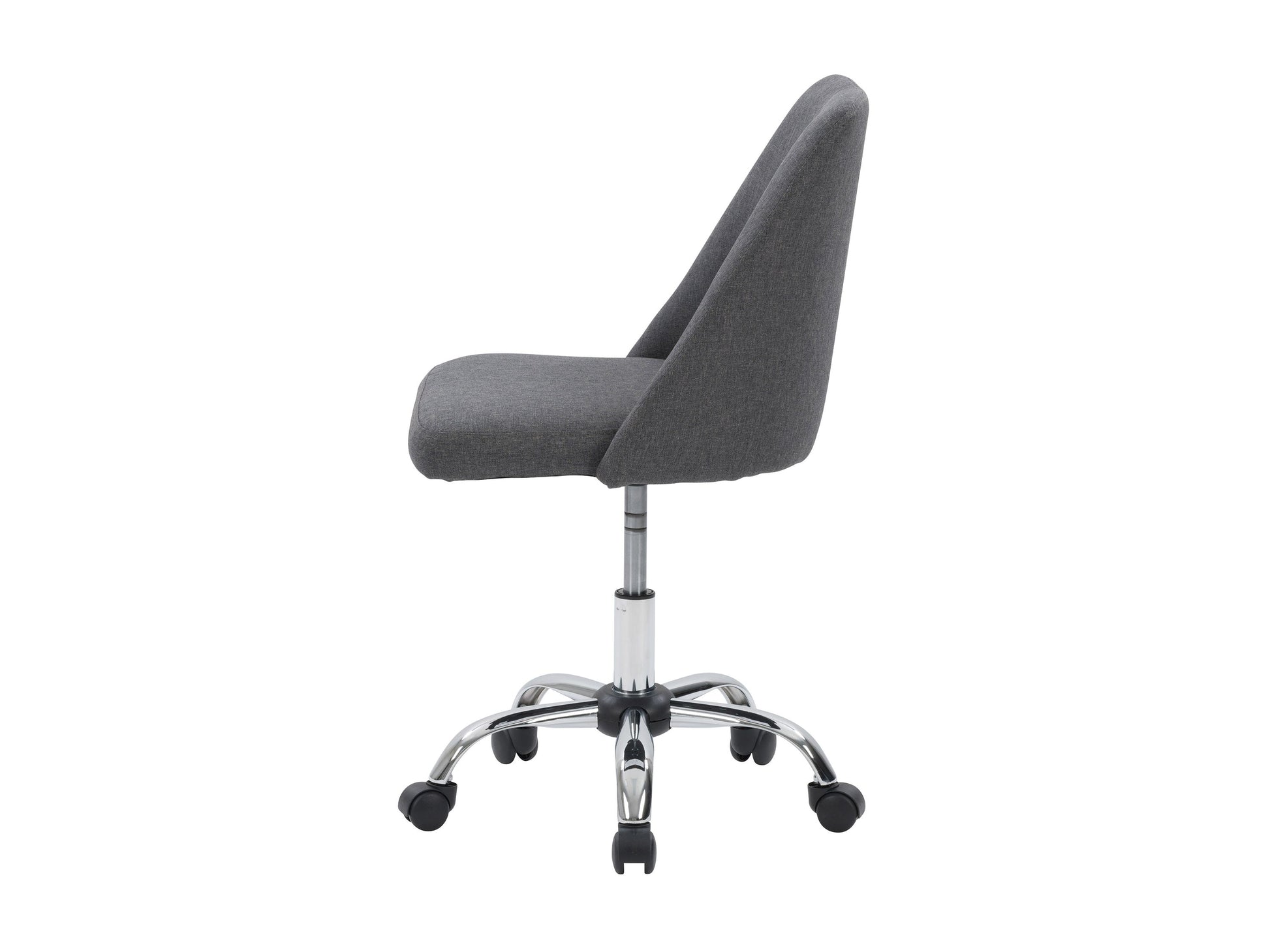 Dark grey armless task chair with ergonomic design, breathable mesh back, and adjustable height for office use.