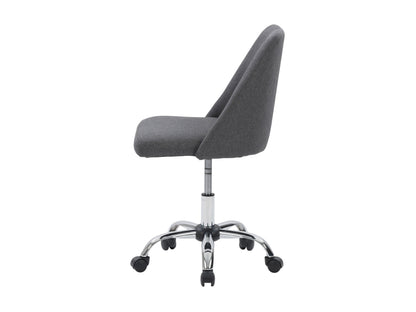 Dark grey armless task chair with ergonomic design, breathable mesh back, and adjustable height for office use.