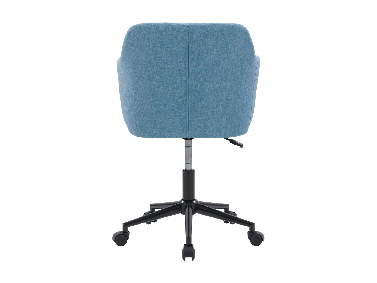 Light blue task chair with arms, ergonomic design, mesh back, and adjustable height for office use.