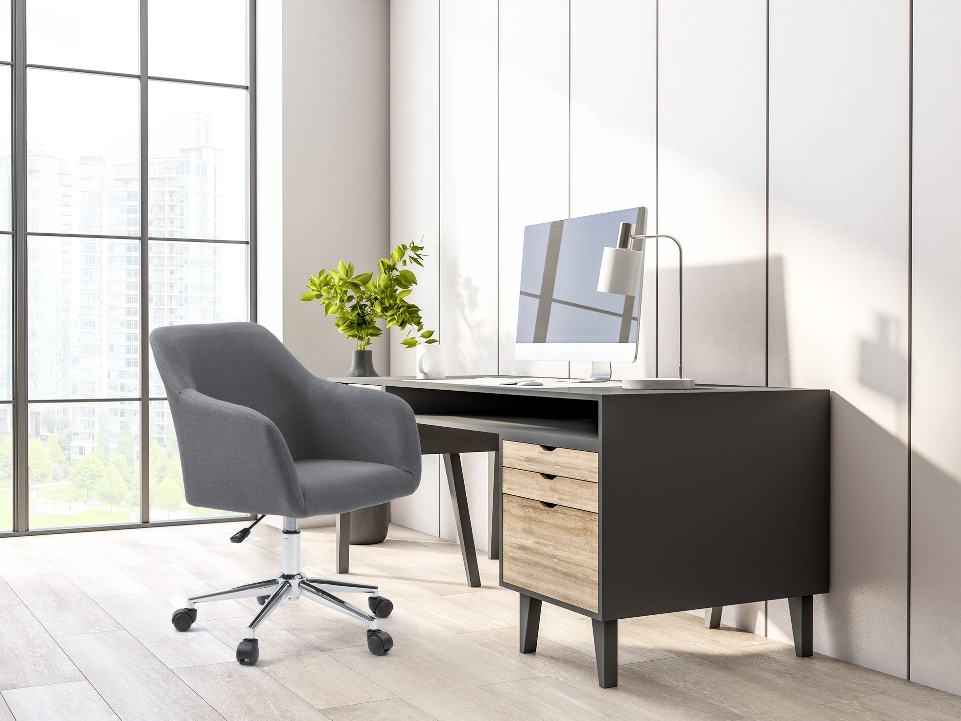 Grey task chair with arms, ergonomic design, mesh backrest, padded seat, and adjustable height for office use.