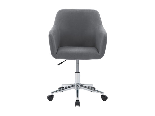 Ergonomic grey task chair with padded arms, mesh backrest, and adjustable height for office use