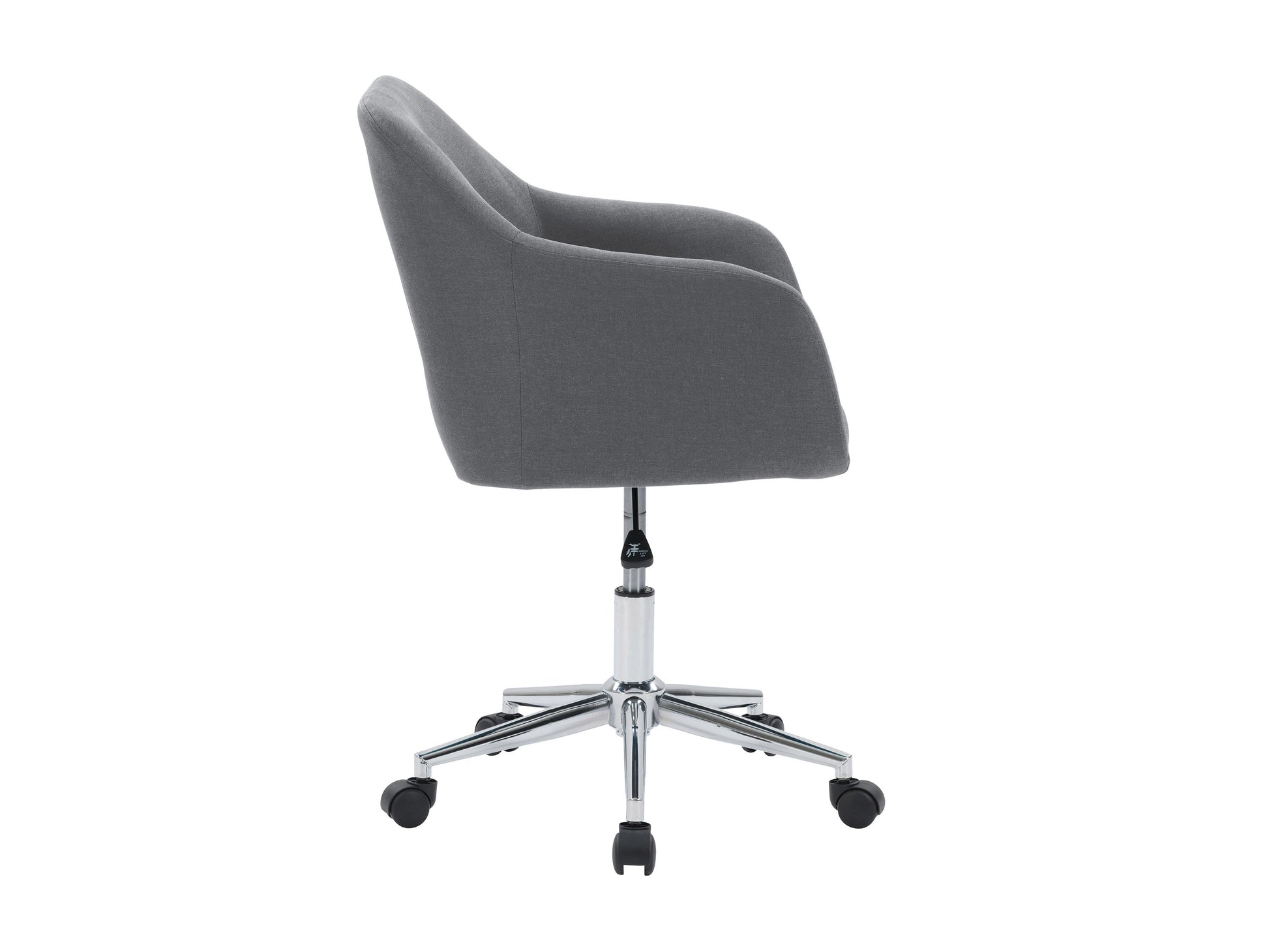 Ergonomic grey office chair with armrests, adjustable height, and mesh back for comfort and support.