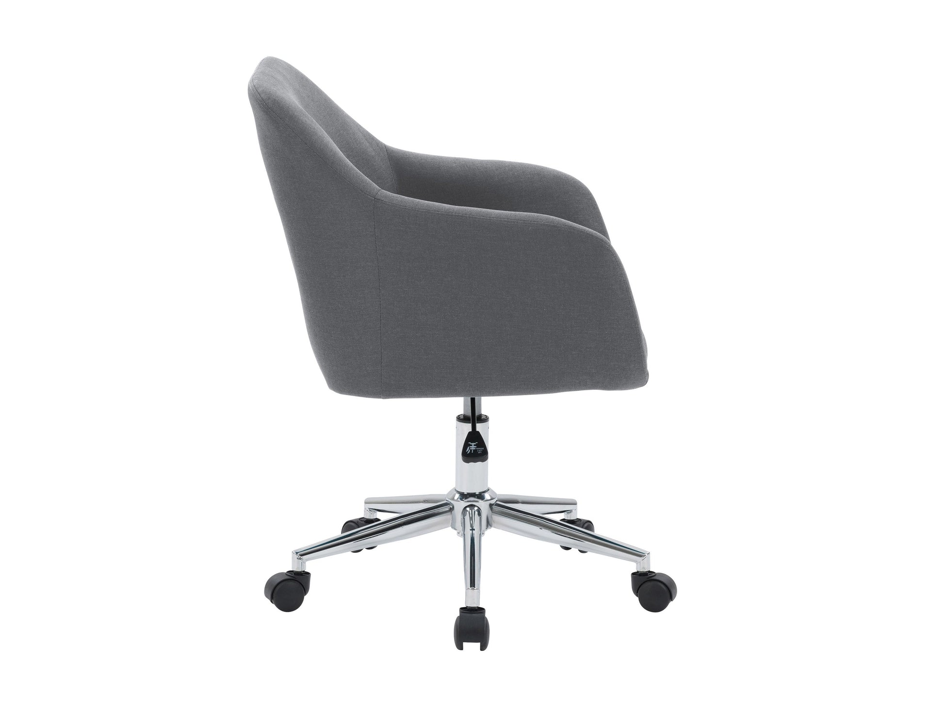 Grey task office chair with arms, ergonomic design, mesh back, padded seat, adjustable height, and swivel base.