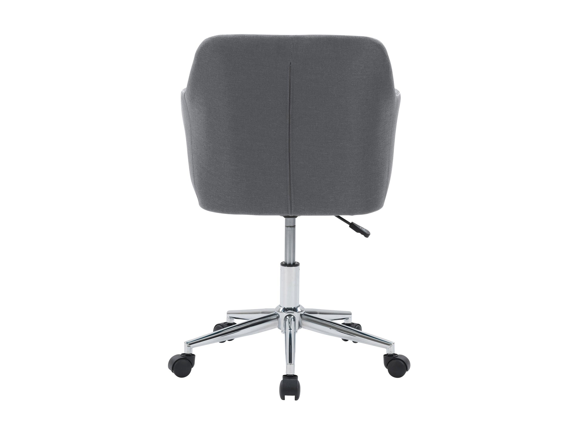 Grey task chair with arms, ergonomic design, mesh backrest, and adjustable height for office use.