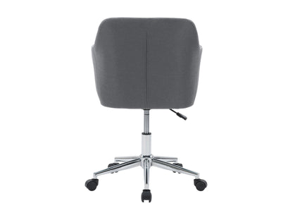 Grey task chair with arms, ergonomic design, mesh backrest, and adjustable height for office use.