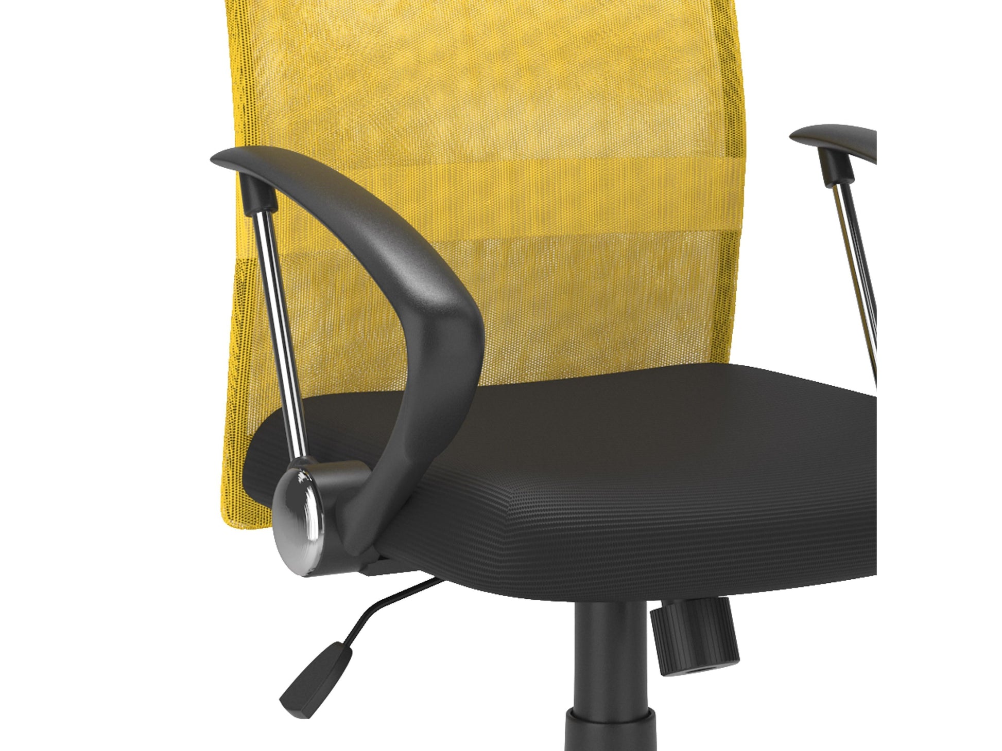 Yellow fabric office chair with ergonomic design, adjustable height, and sleek black metal base.