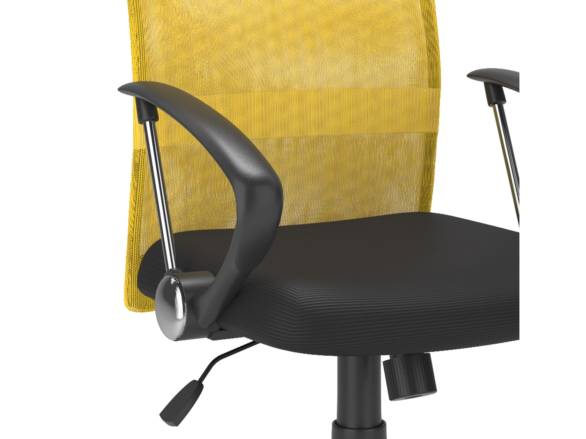 Yellow fabric office chair with ergonomic design, adjustable height, and black metal base.