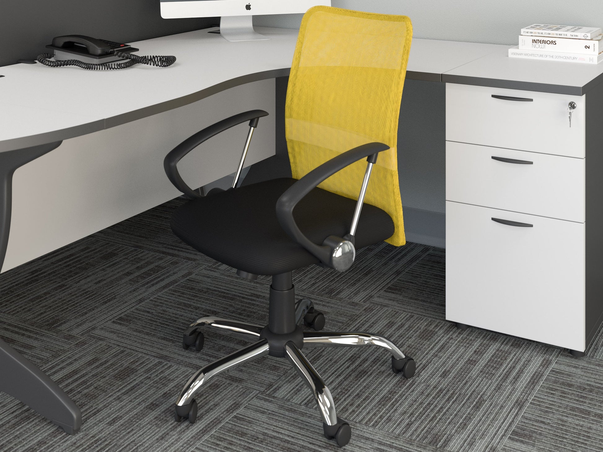 Yellow fabric office chair with ergonomic design, adjustable height, and sleek black metal base.