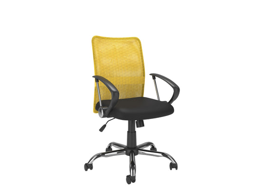 Yellow fabric office chair with ergonomic design, adjustable height, and sleek black metal base.