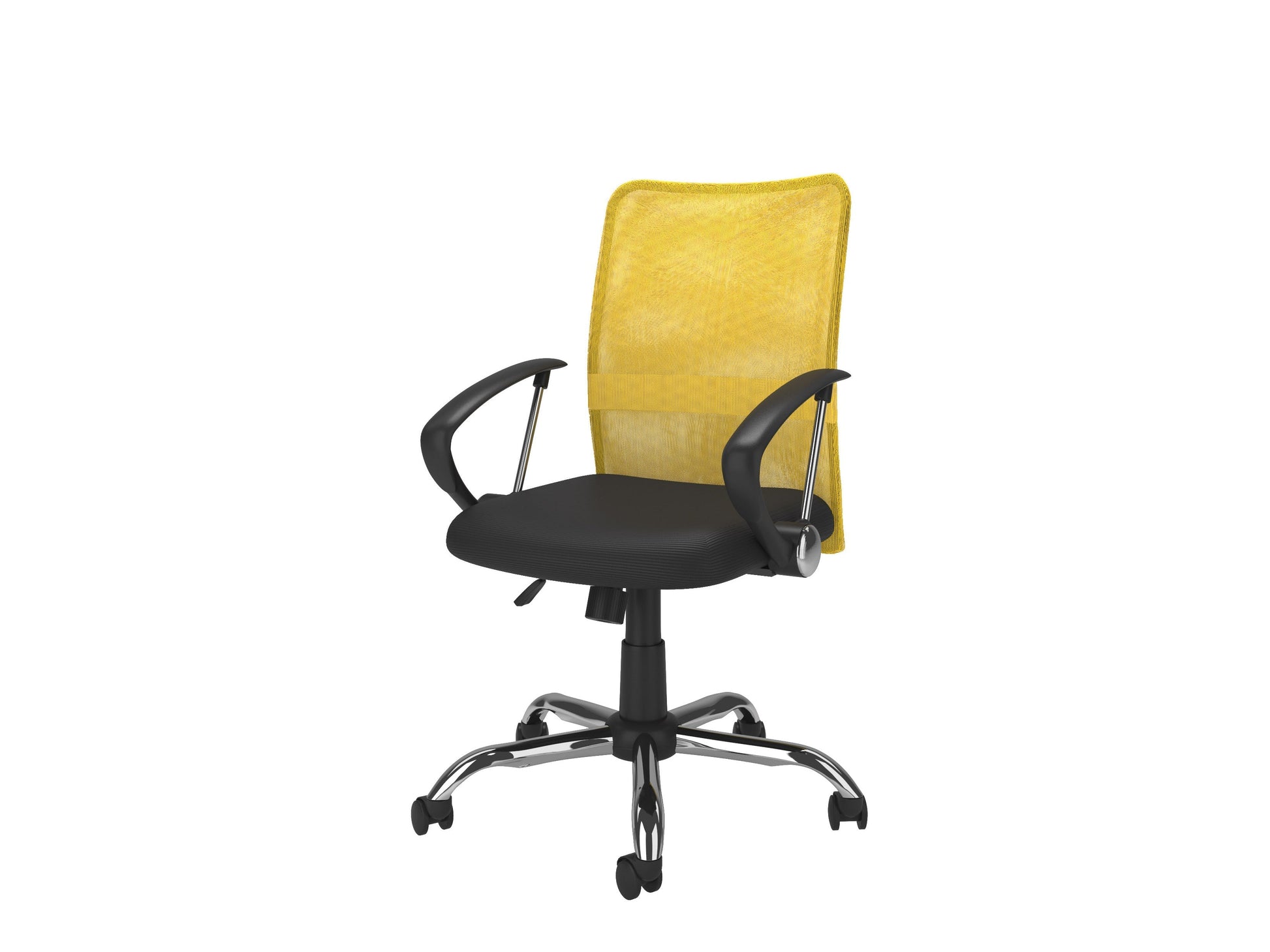 Yellow fabric office chair with ergonomic design, adjustable height, and black metal base.