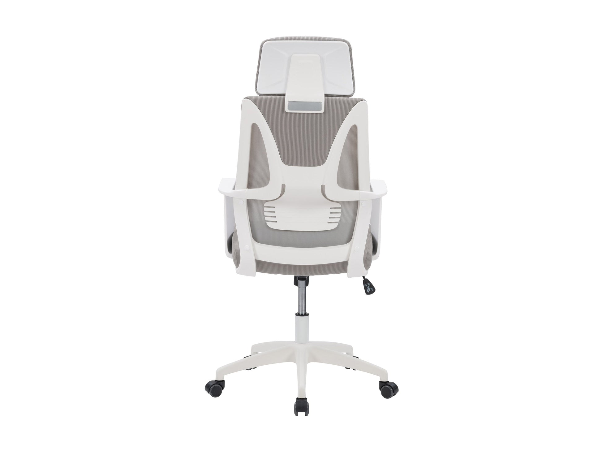 High back grey office chair with ergonomic design, adjustable height, and cushioned seat.