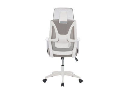High back grey office chair with ergonomic design, adjustable height, and cushioned seat.