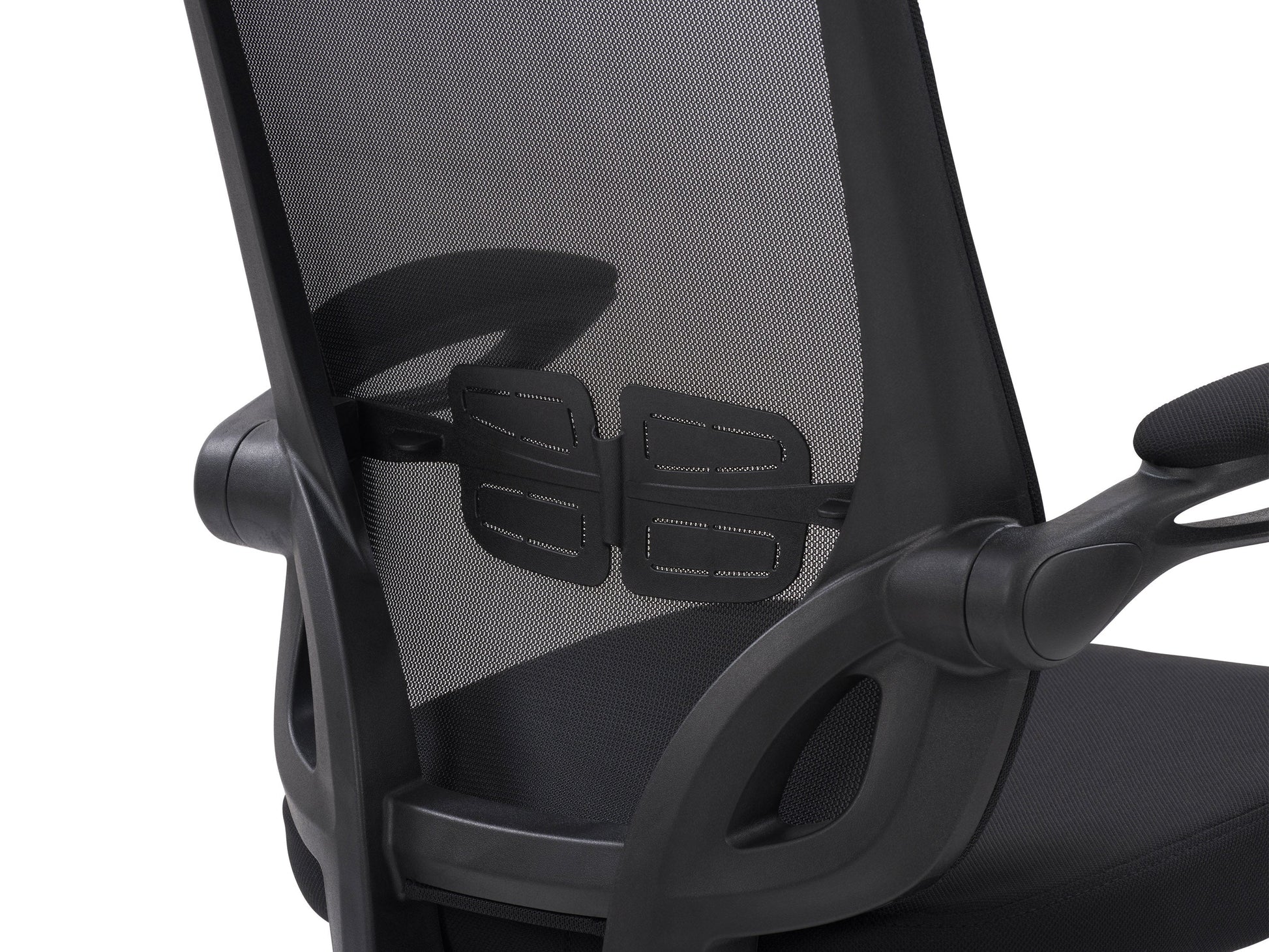 Black mesh office chair with ergonomic design, adjustable armrests, and lumbar support.