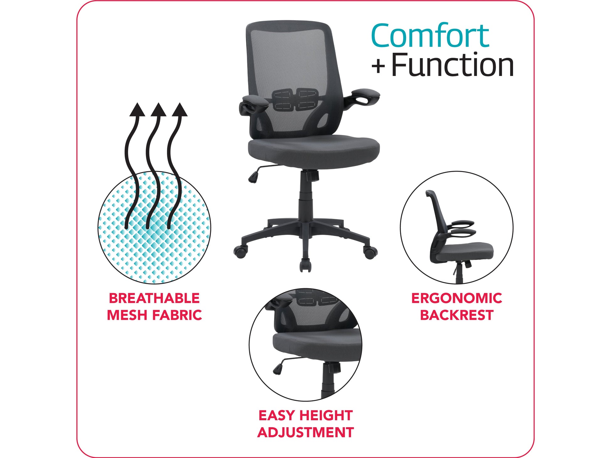 Grey mesh office chair with ergonomic design, adjustable height, and lumbar support.