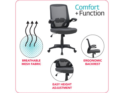 Grey mesh office chair with ergonomic design, adjustable height, and lumbar support.