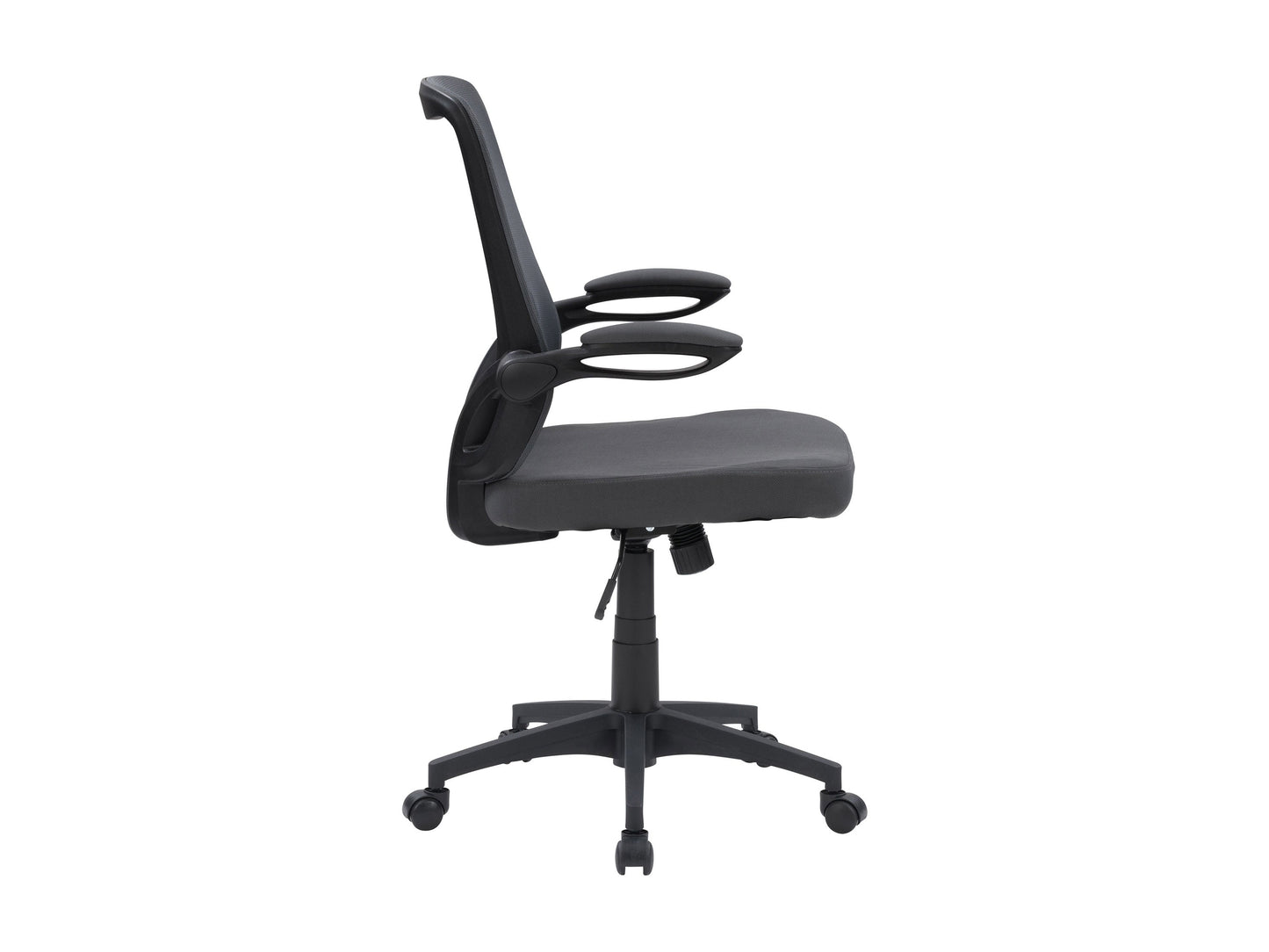 Grey mesh office chair with ergonomic design, adjustable height, and black armrests.