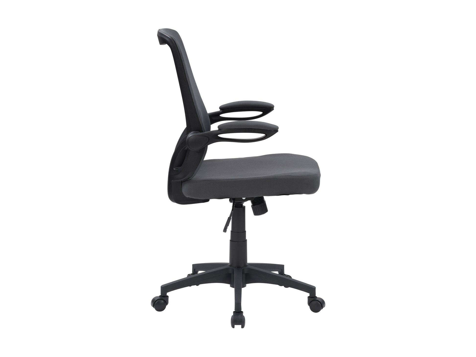 Grey mesh office chair with ergonomic design, adjustable height, and black armrests.
