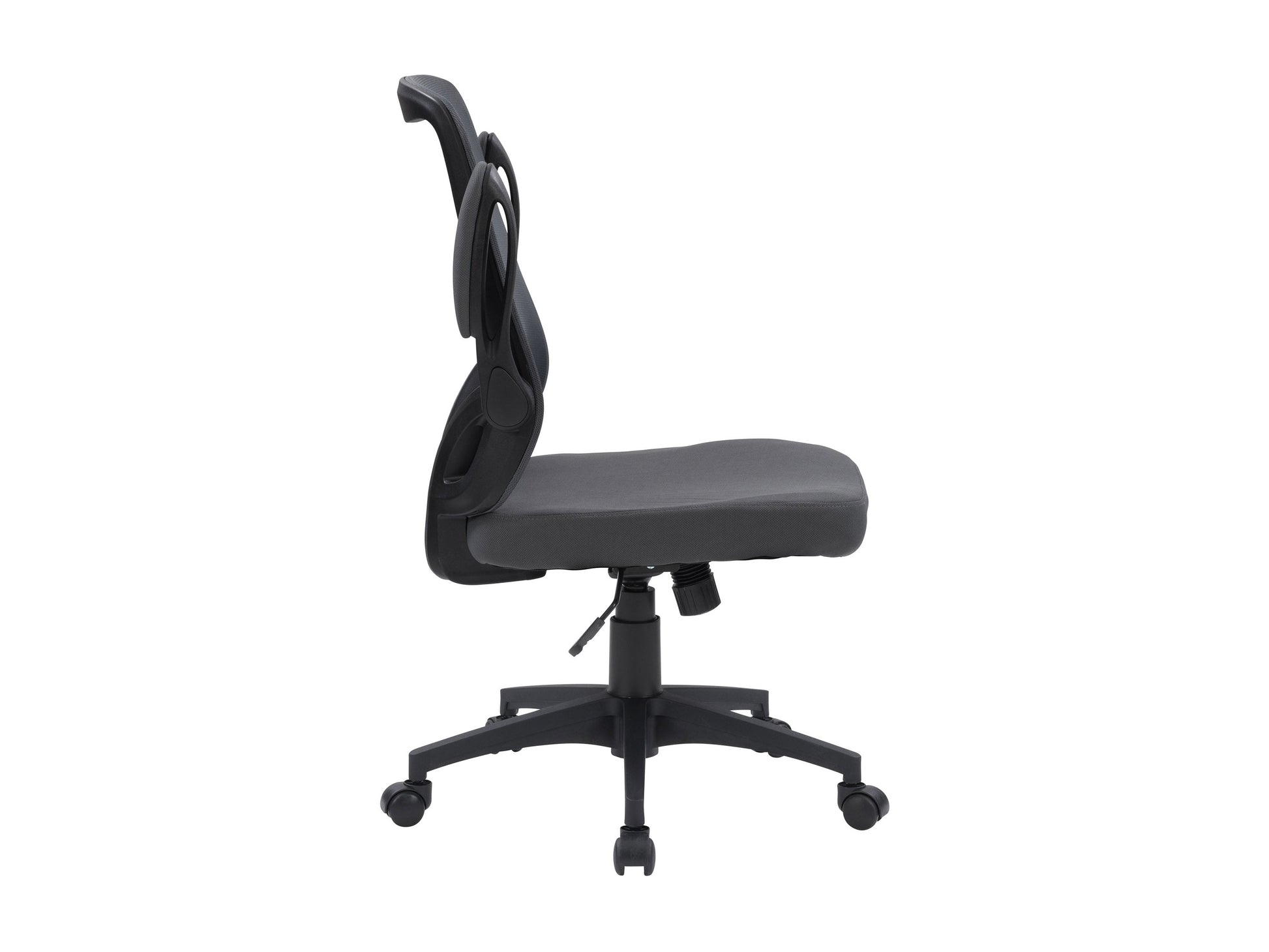 Grey mesh office chair with ergonomic design, adjustable armrests, and lumbar support for home or office use.