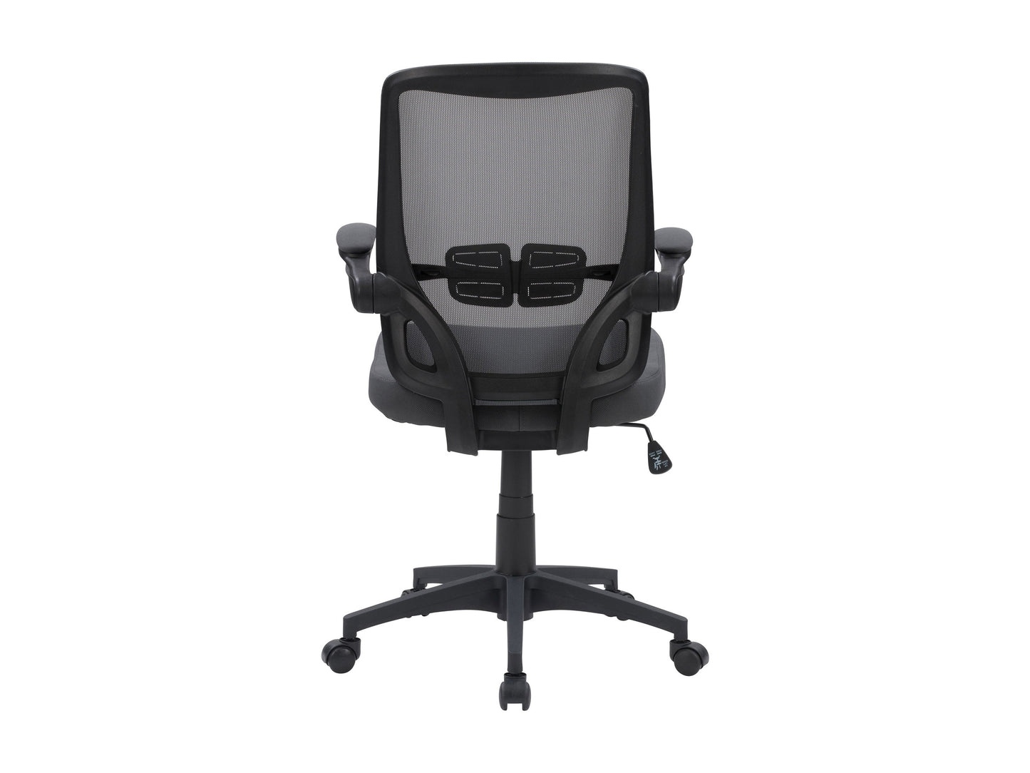 Grey mesh office chair with ergonomic design, adjustable height, swivel base, and lumbar support.