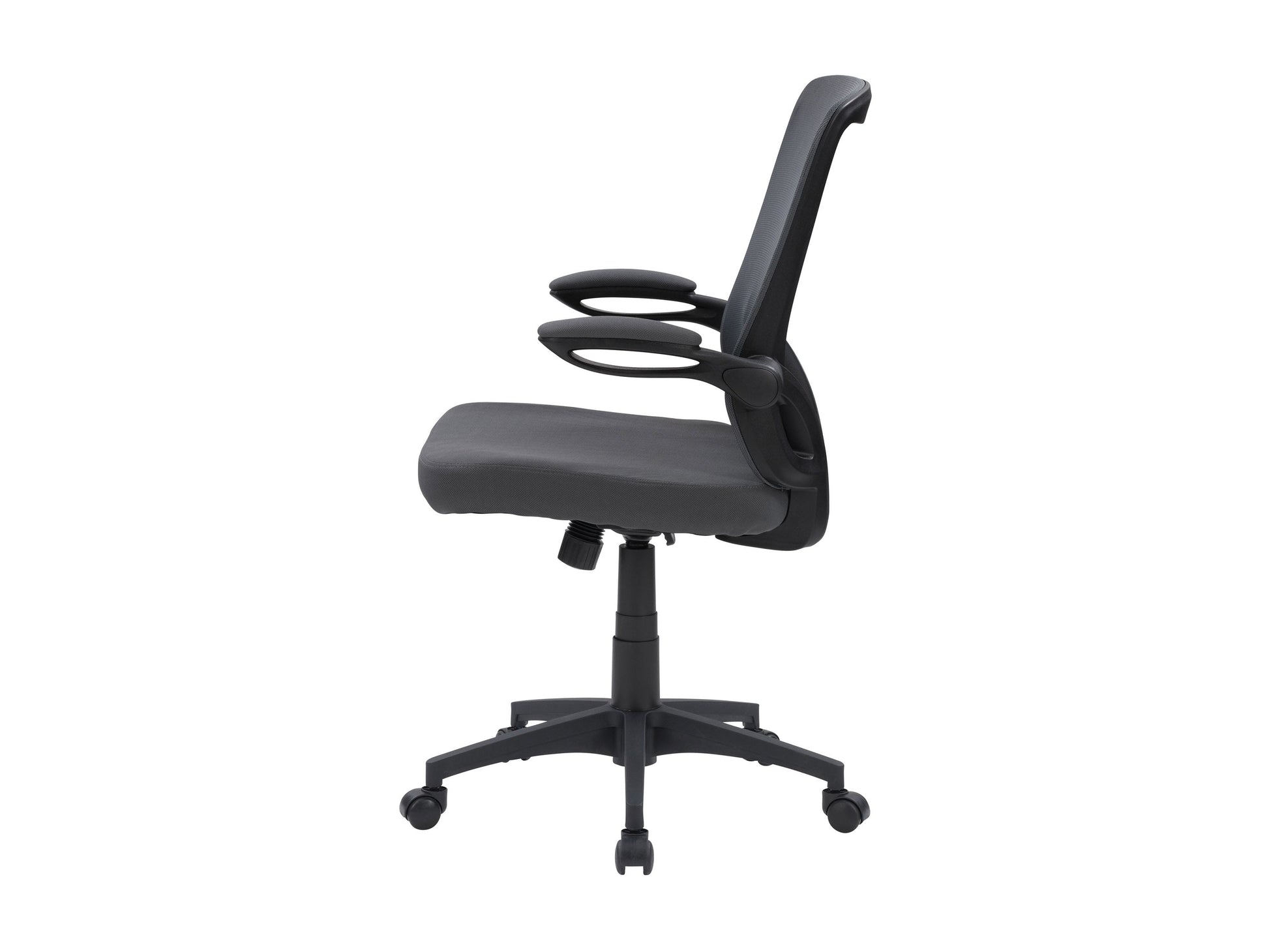Grey mesh office chair with ergonomic design, adjustable height, and lumbar support for comfortable office seating.
