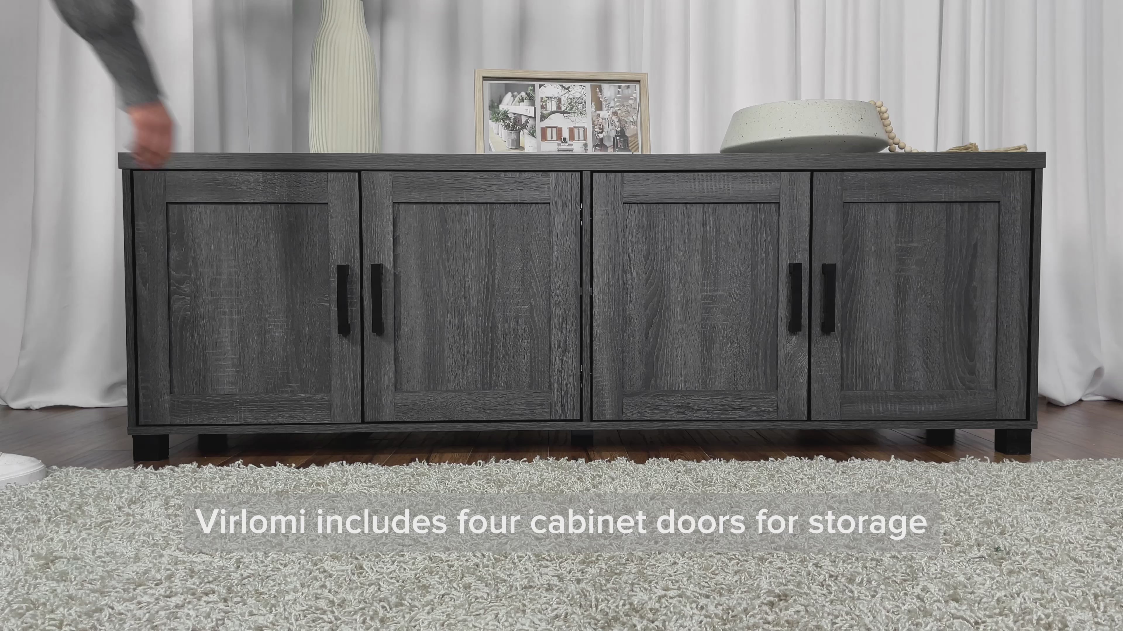 Load video: Virlomi Black TV Stand with Doors, TVs up to 85&quot; Product Video