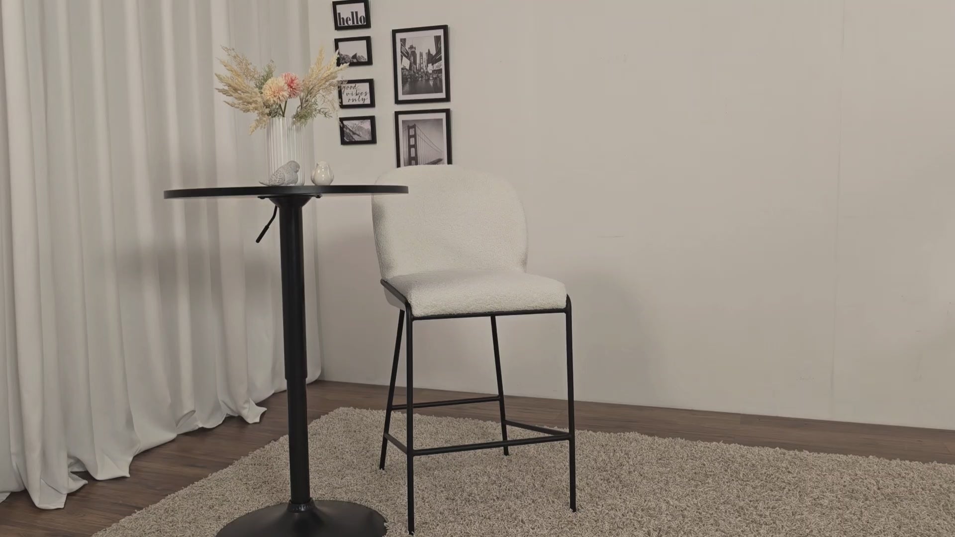 Load video: Blakeley Grey Boucle Bar Stool Product Video