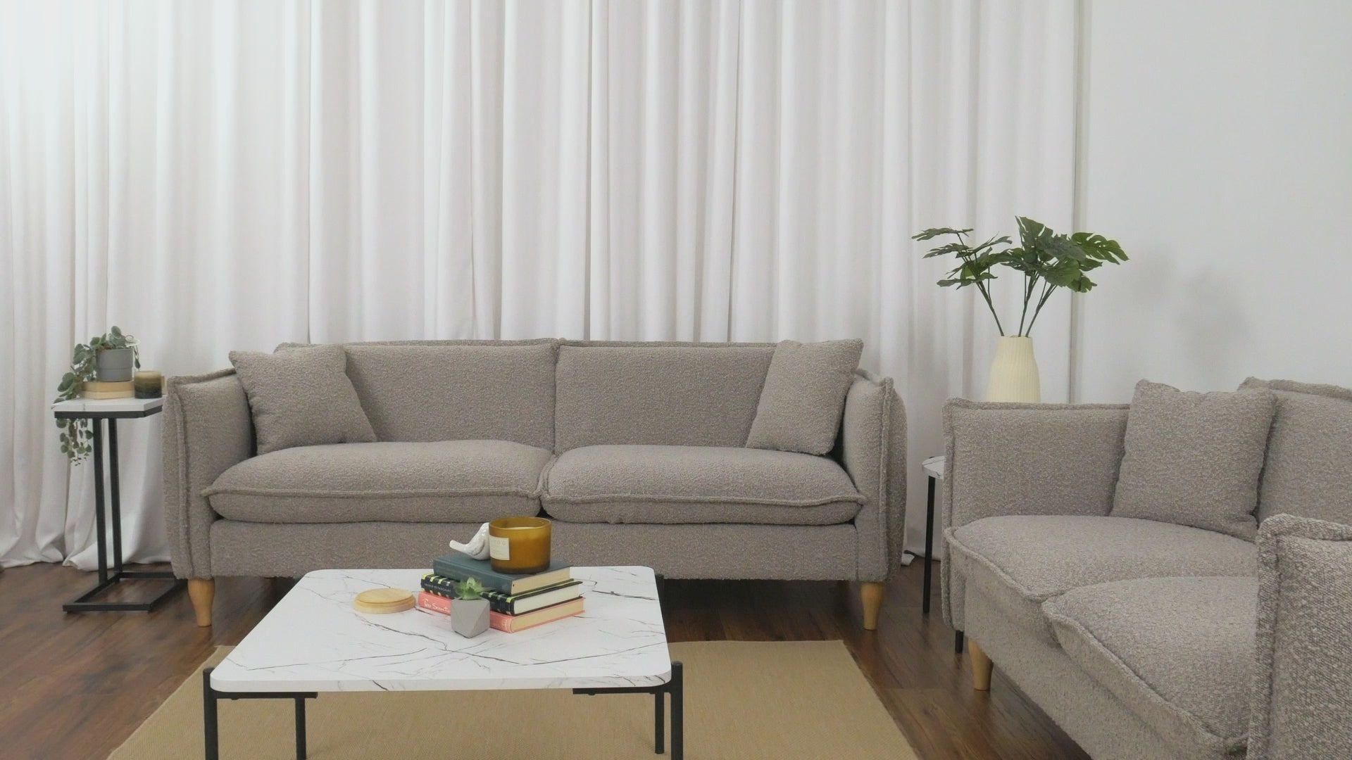 Load video: Theodore Light Gray Boucle Sofa Product Video