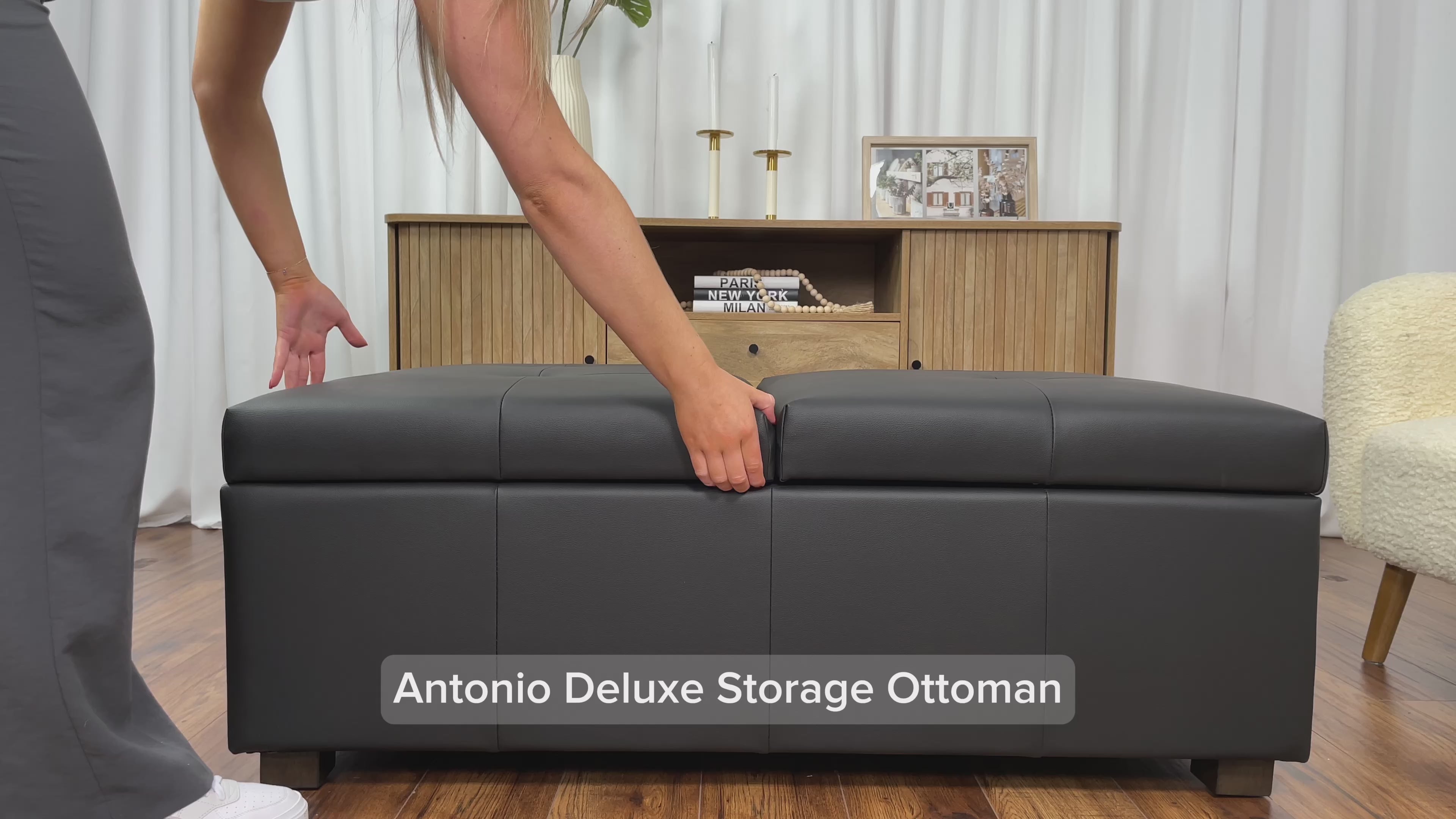Load video: Antonio Matte Black Deluxe Storage Ottoman Product Video
