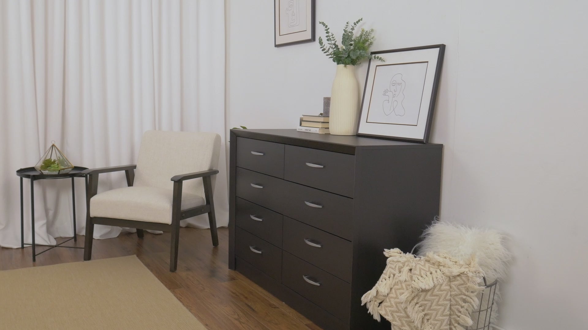 Load video: Newport Wide Black Dresser with 8 Interlocking Drawers Product Video