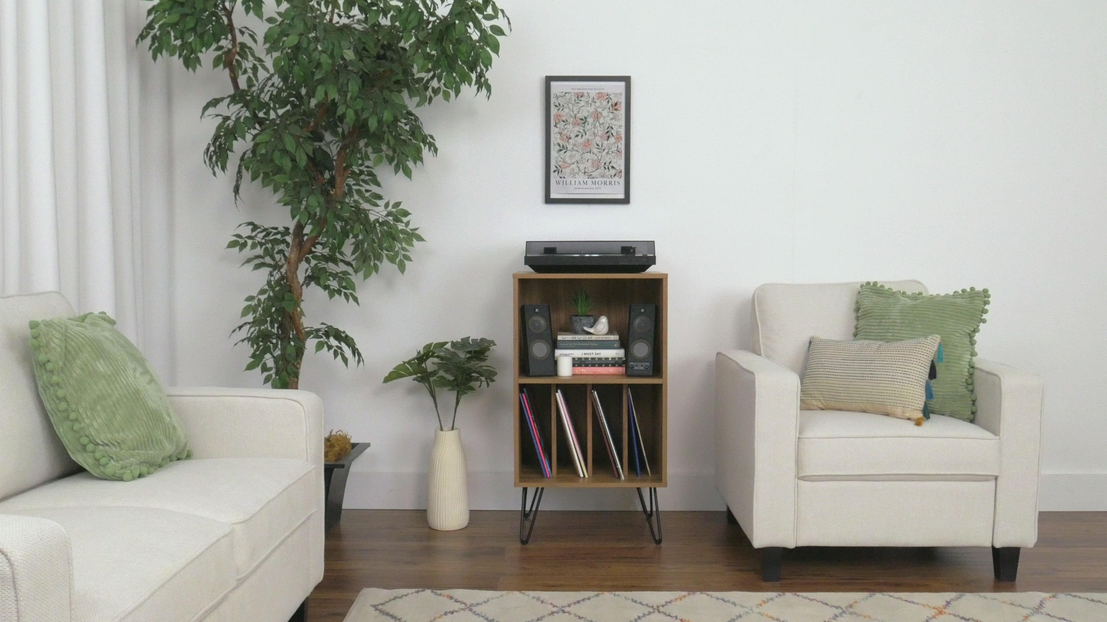 Load video: Vintora Brown Open Shelved Turntable Stand Product Video