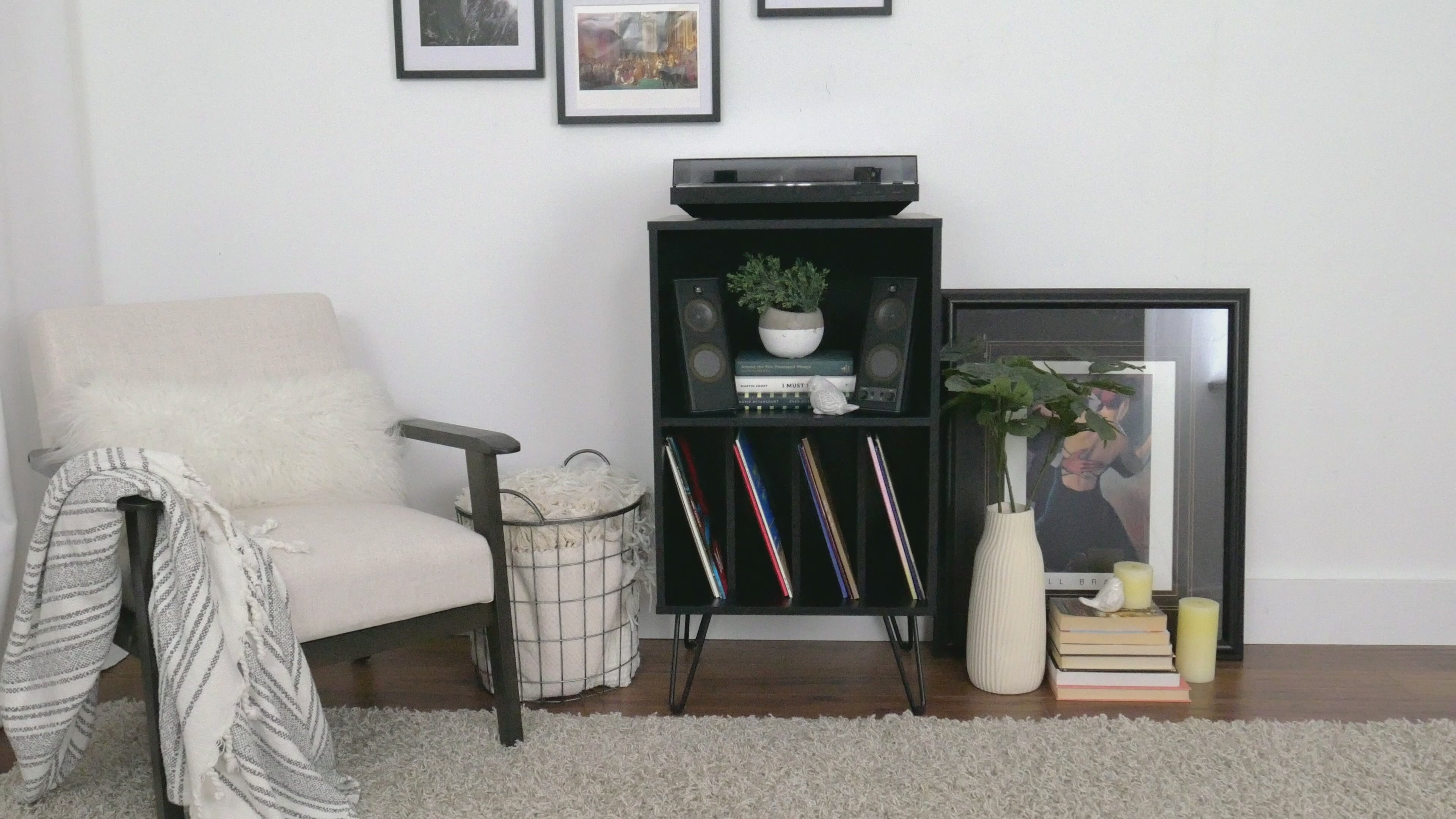 Load video: Vintora Black Open Shelved Turntable Stand Product Video