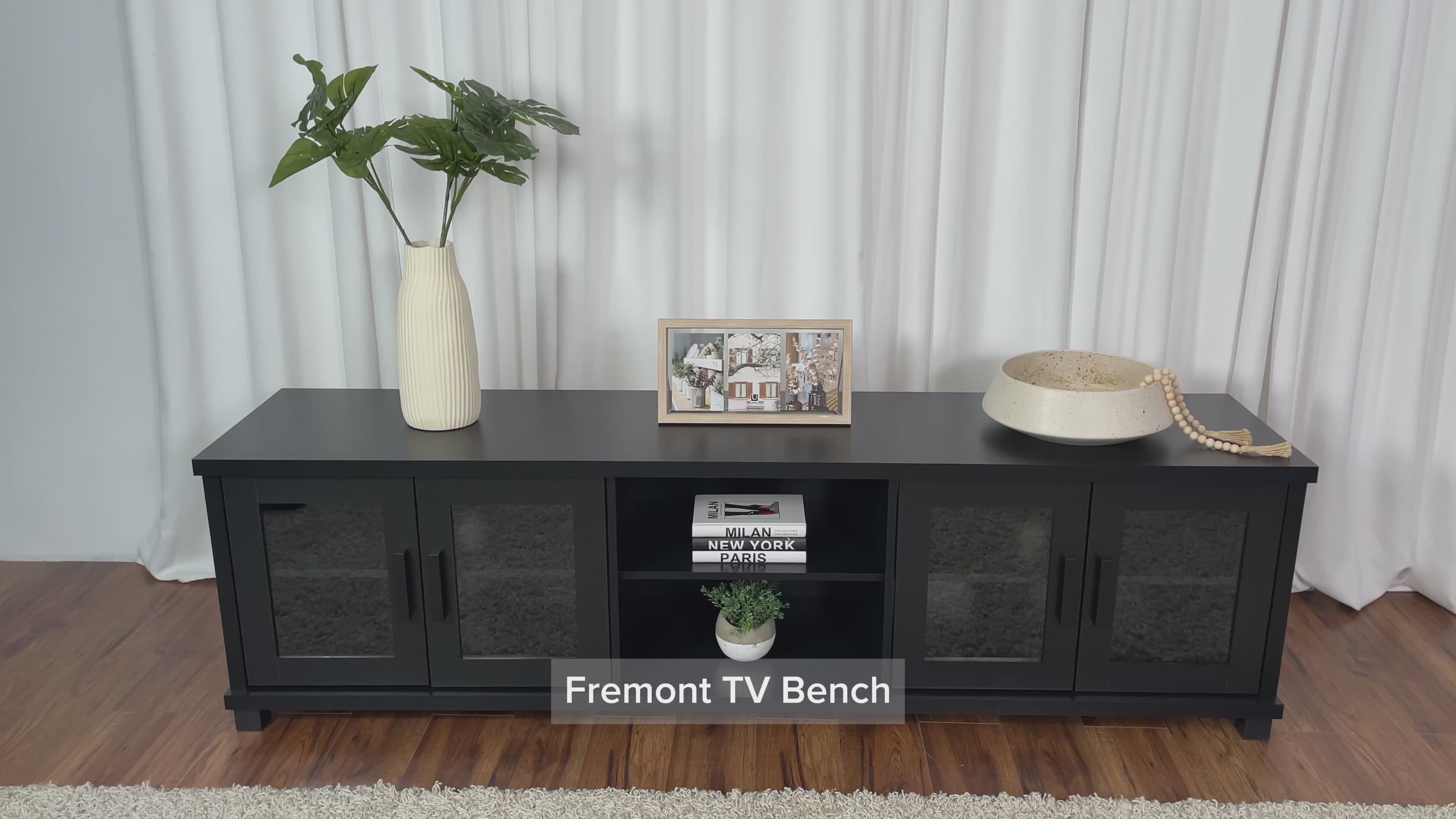 Load video: Fremont Dark Grey TV Bench, TV&#39;s up to 95&quot; Product Video