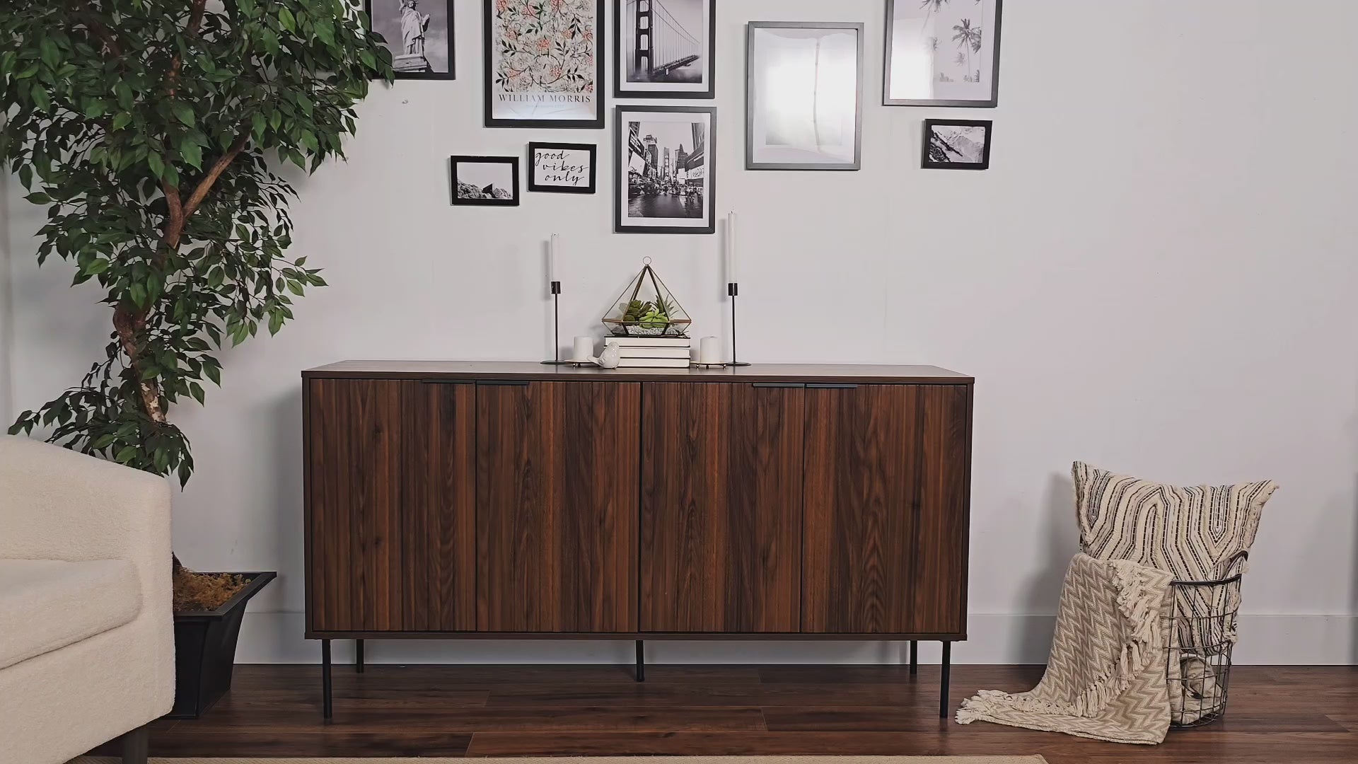 Load video: Lysander Fluted Walnut Sideboard Cabinet Product Video