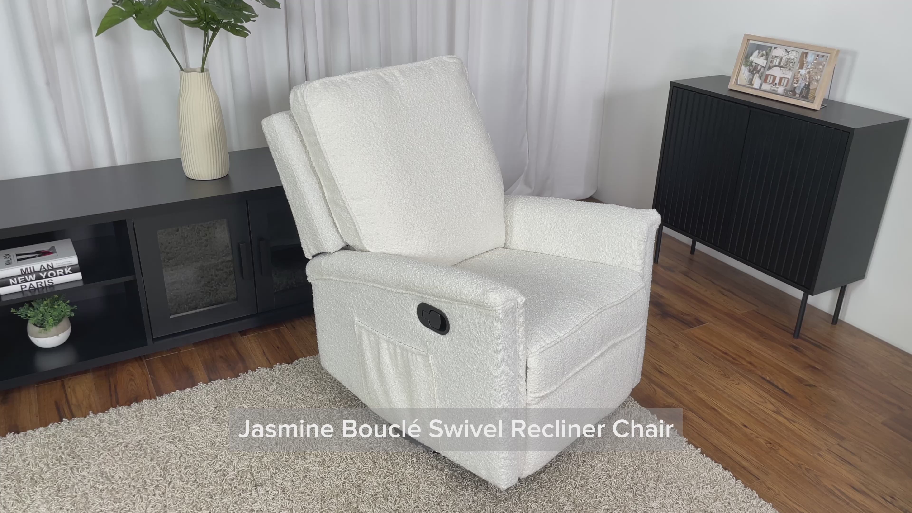 Load video: Jasmine Boucle Swivel Recliner Chair Product Video